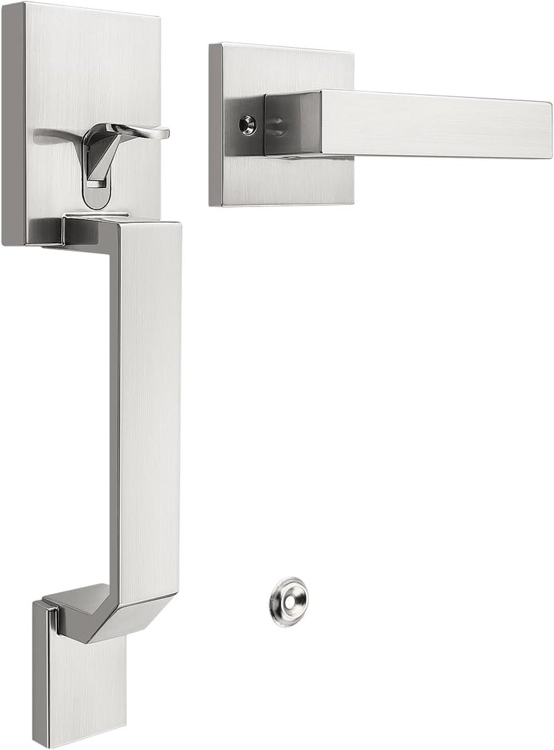 Tinewa Square Brushed Nickel Front Door Handle with Classic Door Lever, Upgrated Exterior Door Entry Handle No Lock, Reversible for Left & Right Handed - Image 1